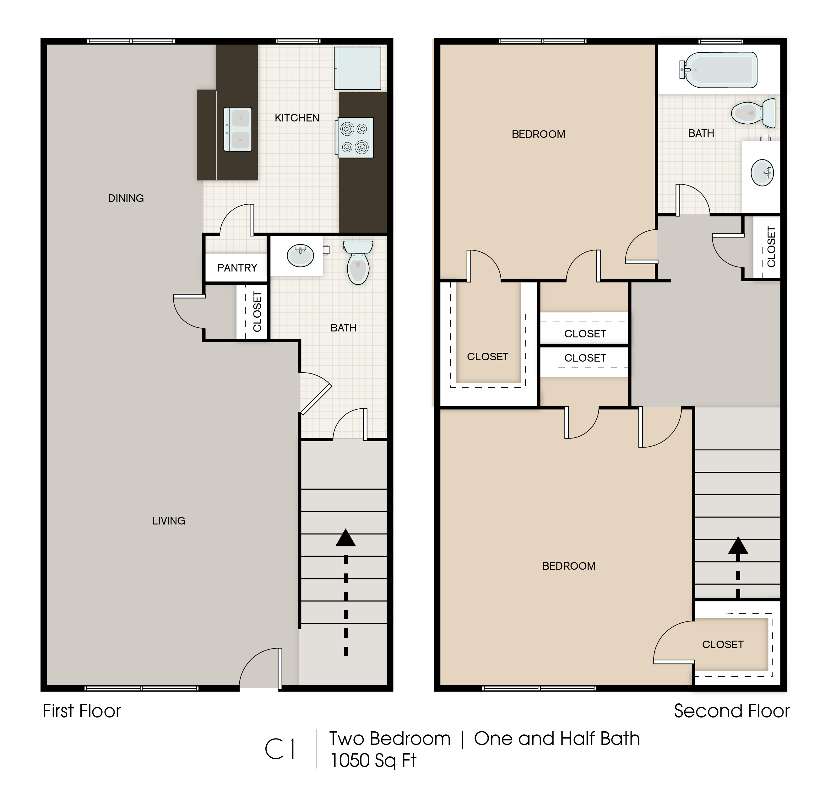 Floor plan for 2 beds, 2 baths, 1050 sqft